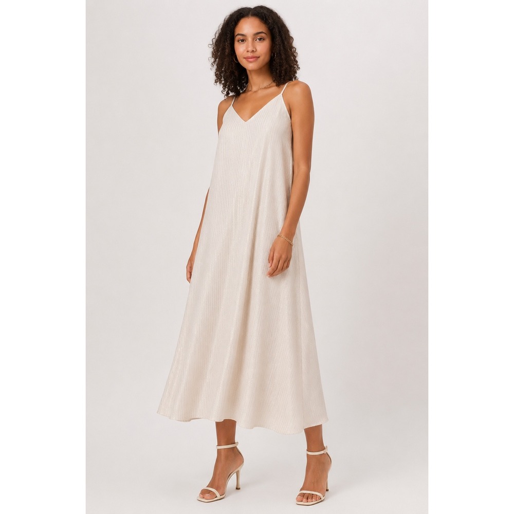 Vince Camuto XL Metallic Gold Striped Maxi Dress Cream V-Neck Cotton Lined Boho
